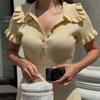 Women's Knitted Dress Summer High Waist Short Sleeve Ruffle Neck Bodycon Dresses Femme Slim Vacation Clothes French Vintage Elegant Evening Dress