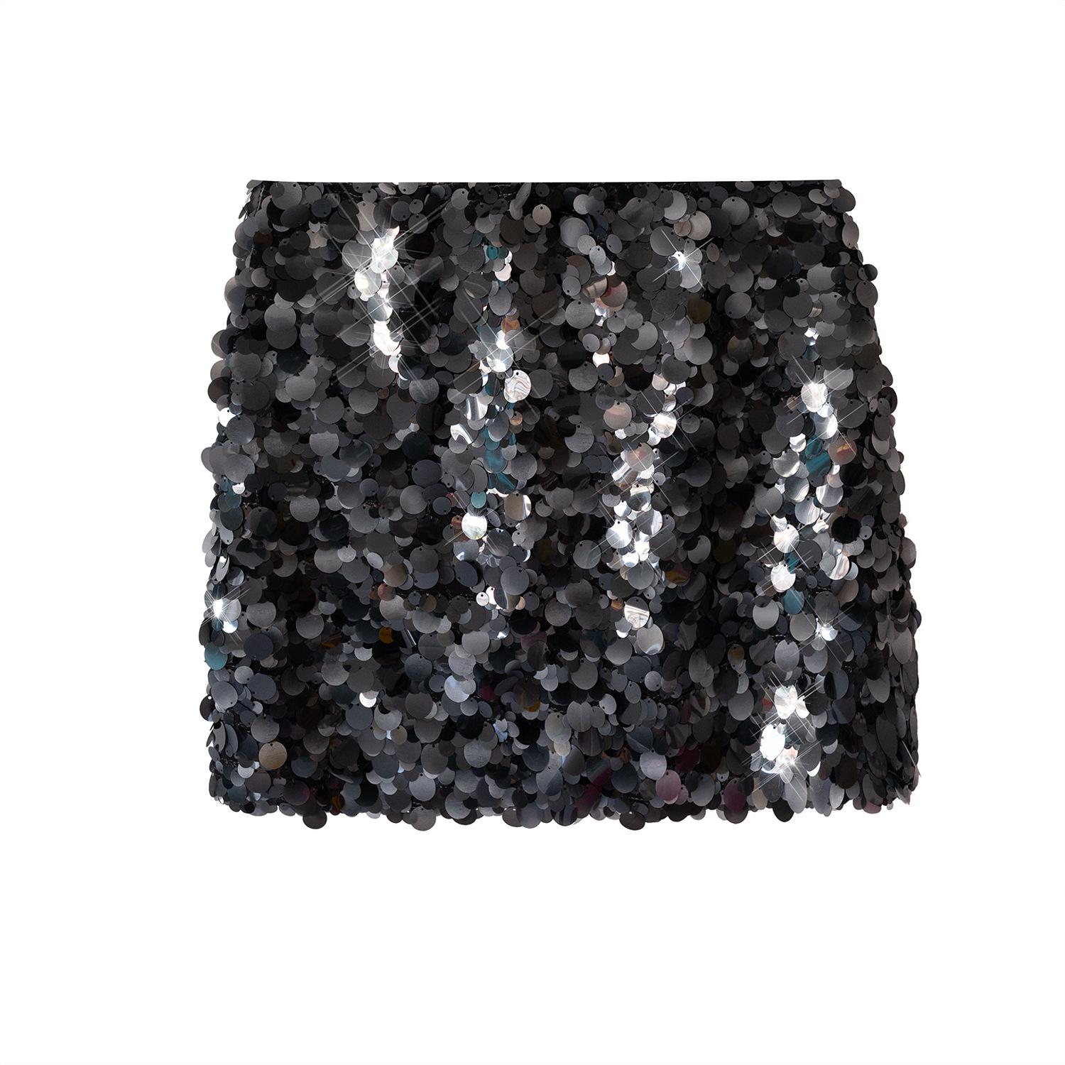 

Elegant Blue Sequin High Waist Slimming Short Skirt Small