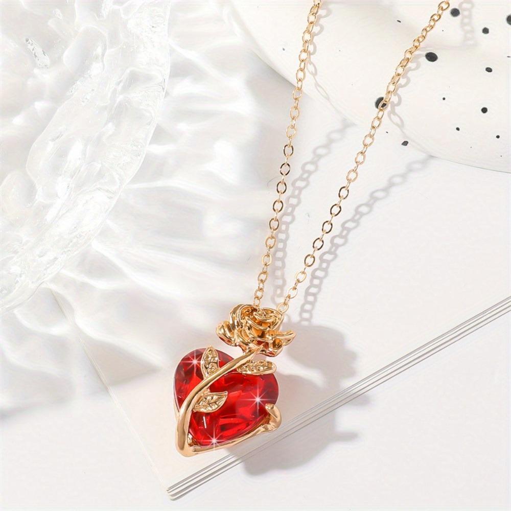 Elegant Copper Red Heart Pendant Necklace with Rose Detail for Men, Versatile Simple Chain for Daily and Wedding Occasions
