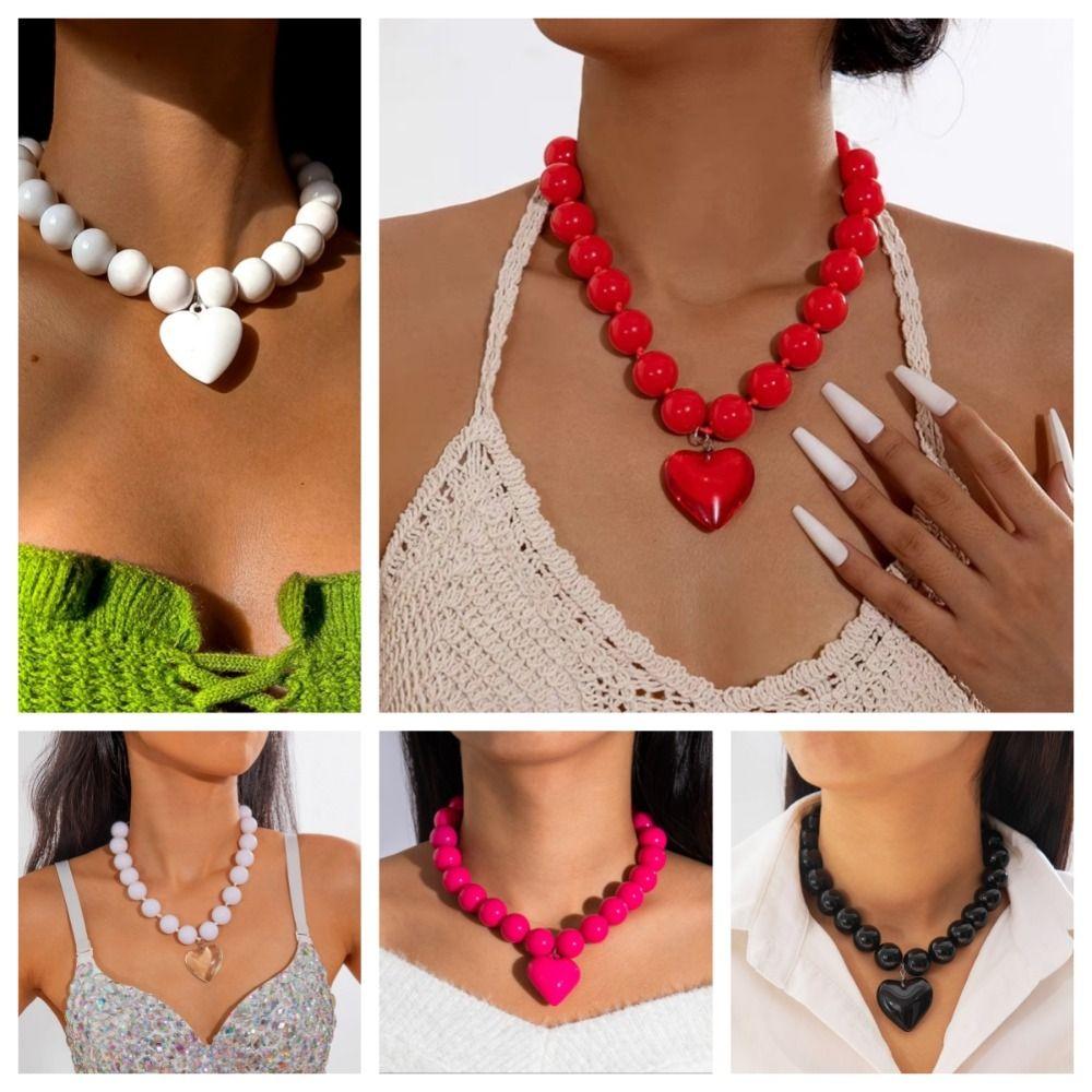 Exaggerated Round Bead Heart Pendant Necklace Adjustable Party Jewelry Gift Chain Choker Handmade Collar Necklace for Women