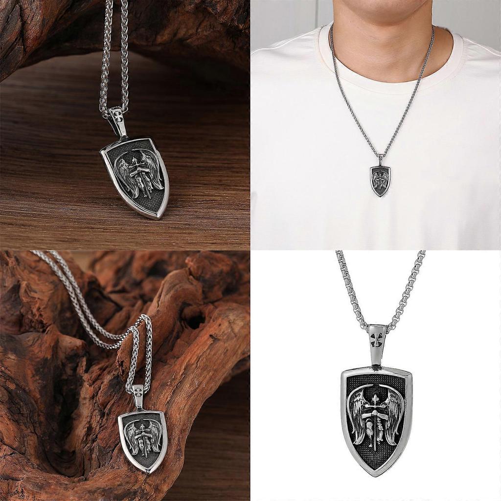 Elegant Stainless Steel Archangel Necklace Fashionable Men's Necklace with Angel Shield Pendant Unique Neck Chain