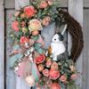 Easter Bunny Wreath With Ribbon | Artificial Plant Door Hanging Ornament for Home Party Decor, Polyester, Door Mount