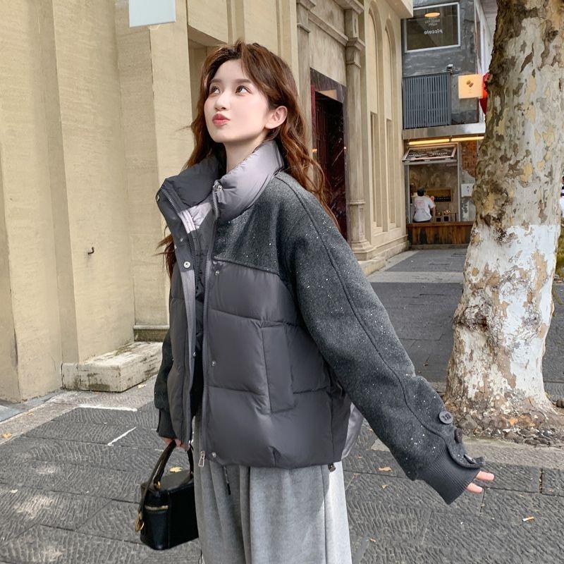 Women Stand Collar Short Spliced Windproof Padded Coat Warm Winter Casual Outerwear