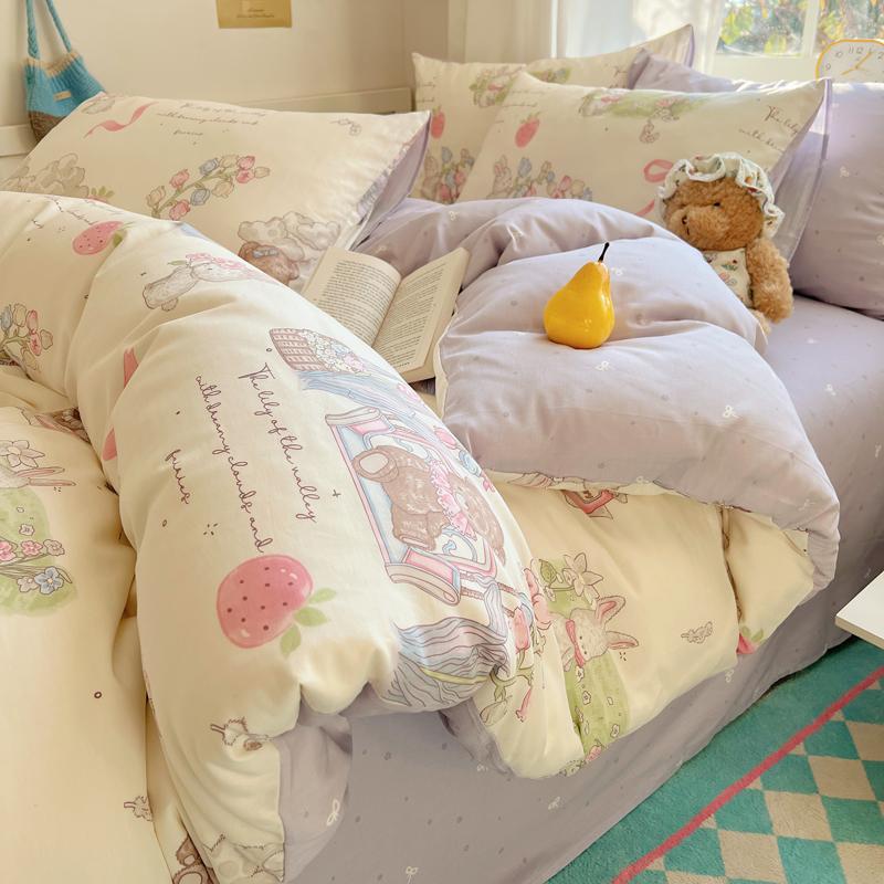 Sleeping Grid INS Age Reducing Cute Cartoon Style 40 Count Cotton Four Piece Set