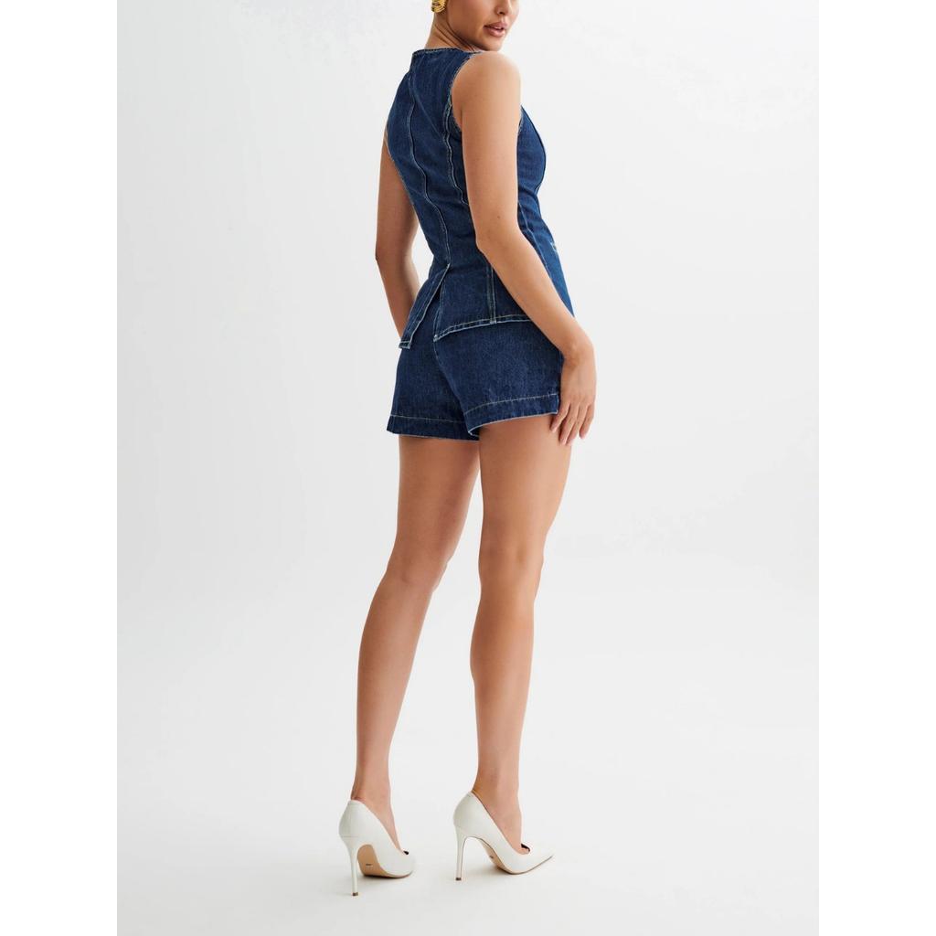 Spring/Summer Fashionable and Casual Sleeveless High - Waisted Denim Set for Women - Button - Down Sleeveless Vest with Pockets + Shorts