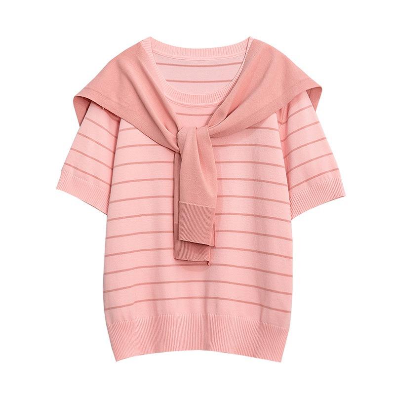 Plus Size Women Summer Knit Lace Up Shawl Half Sleeve Pullover Blouse