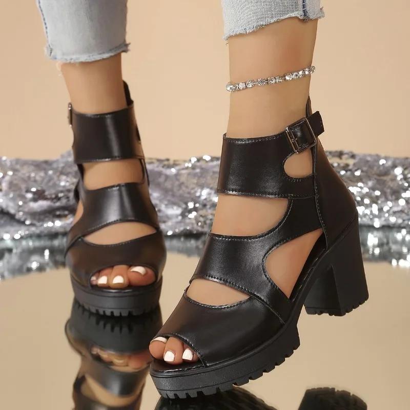 2025 Summer Women's Peep Toe Sandals Platform Buckle Chunky Heels Back Zip Sandals for Plus Size Retro Daily Dress Shoes