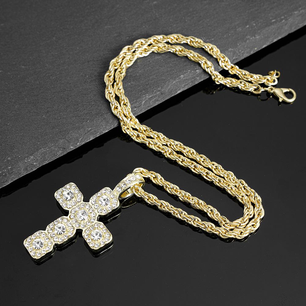 Rock Sugar Full Zircon Cross Pendant Men s Zircon Necklace 4mm Tennis Chain Personality Trend Jewelry 18inch Twist Chain золотистый