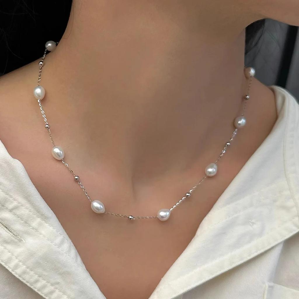 Hengsheng 5-6mm Rice Shape Freshwater Pearl Necklaces for Women Copper Alloy O Chain 36cm+5cm Adjustable Necklaces Jewelry Gift