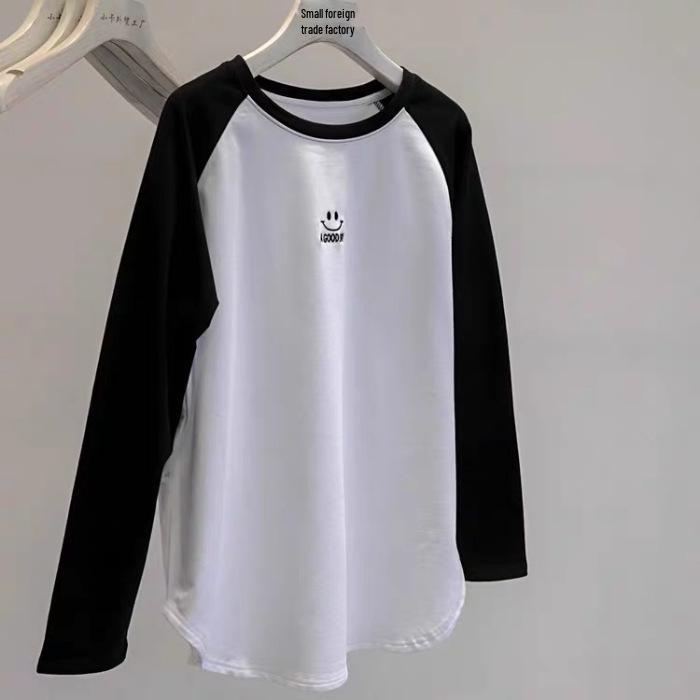 Plus Size 240 Jin Smiley Face Embroidered Raglan Long Sleeve Brushed Thermal Fleece Women s Fall/Winter Base Layer Top 3XL (185-210 Jin) белый