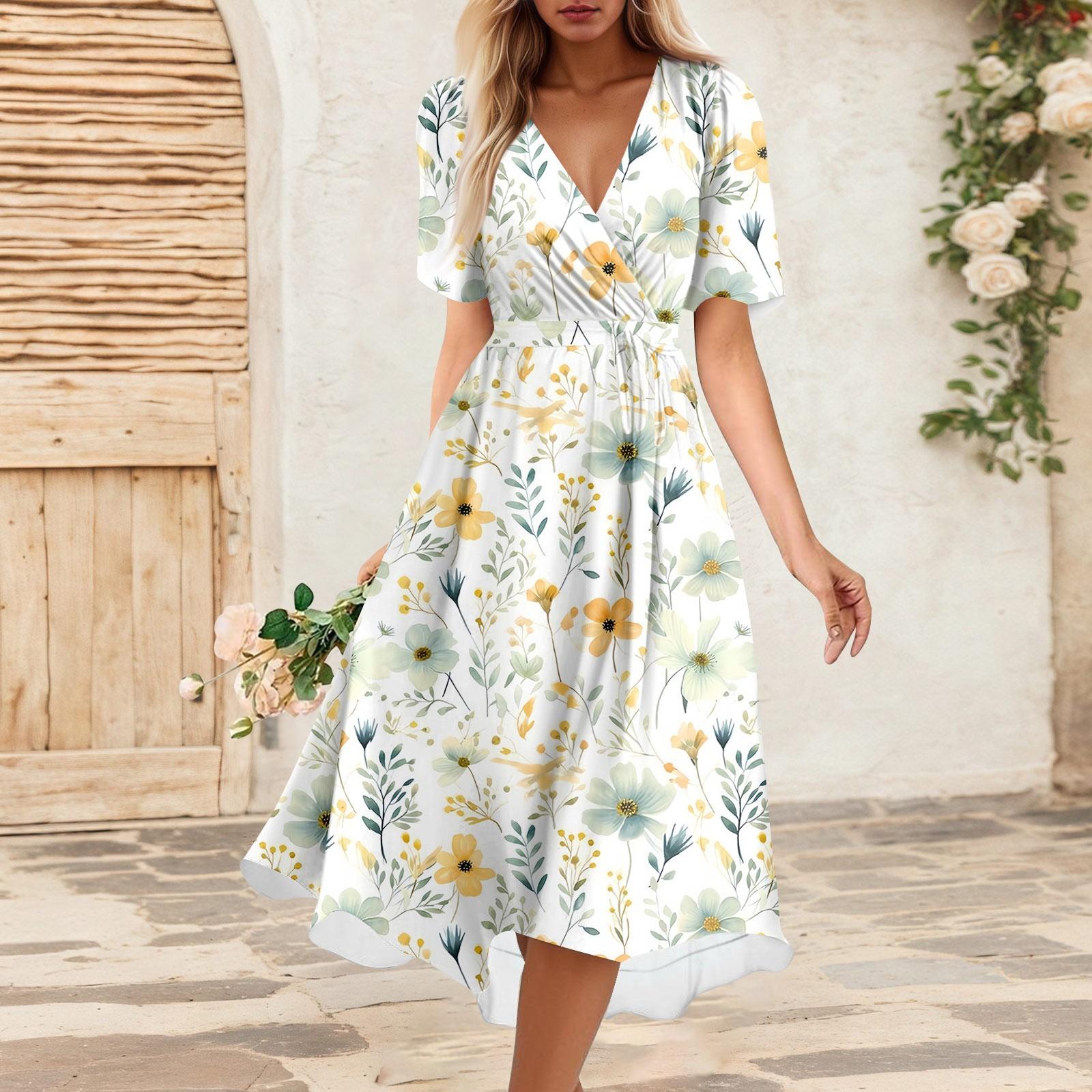 

Женское летнее свободное платье с V-образным вырезом и коротким рукавом, элегантное платье L хаки