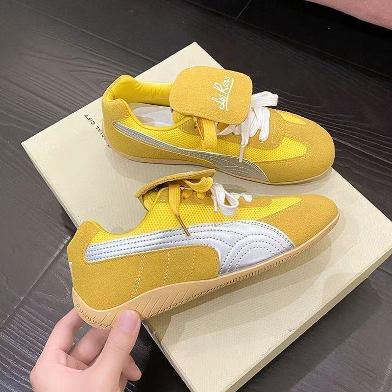

Retro lace-up round head soft leather flip-top autumn new fashion casual versatile flat-bottomed sneakers 35 жёлтый