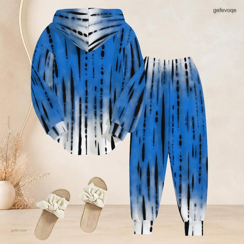 Women Plus Size Printed Two Piece Set Long Sleeve Hooded Top Cuffed Pants