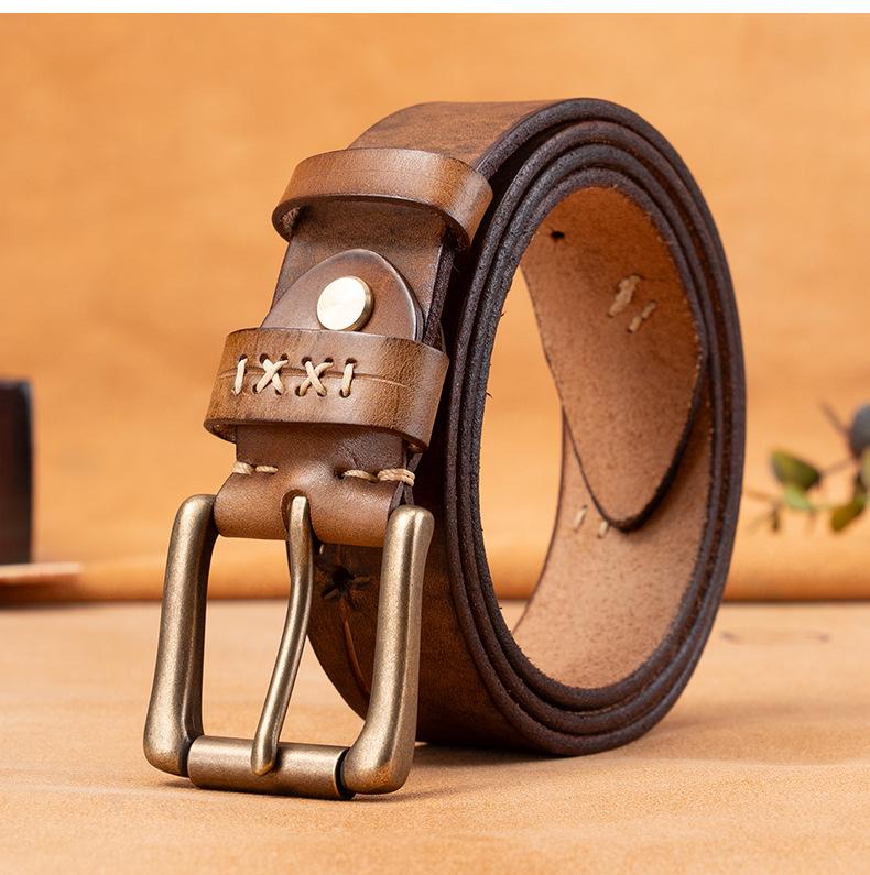 Handmade Men's Genuine Leather Pin Buckle Belt: Pure Cowhide, Casual Retro Design for Students, Middle-aged, and Young People, Trendy Denim Accessory.