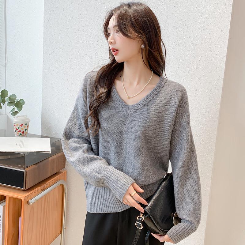 Mockana Women's Relaxed V-Neck Knit Wool Sweater