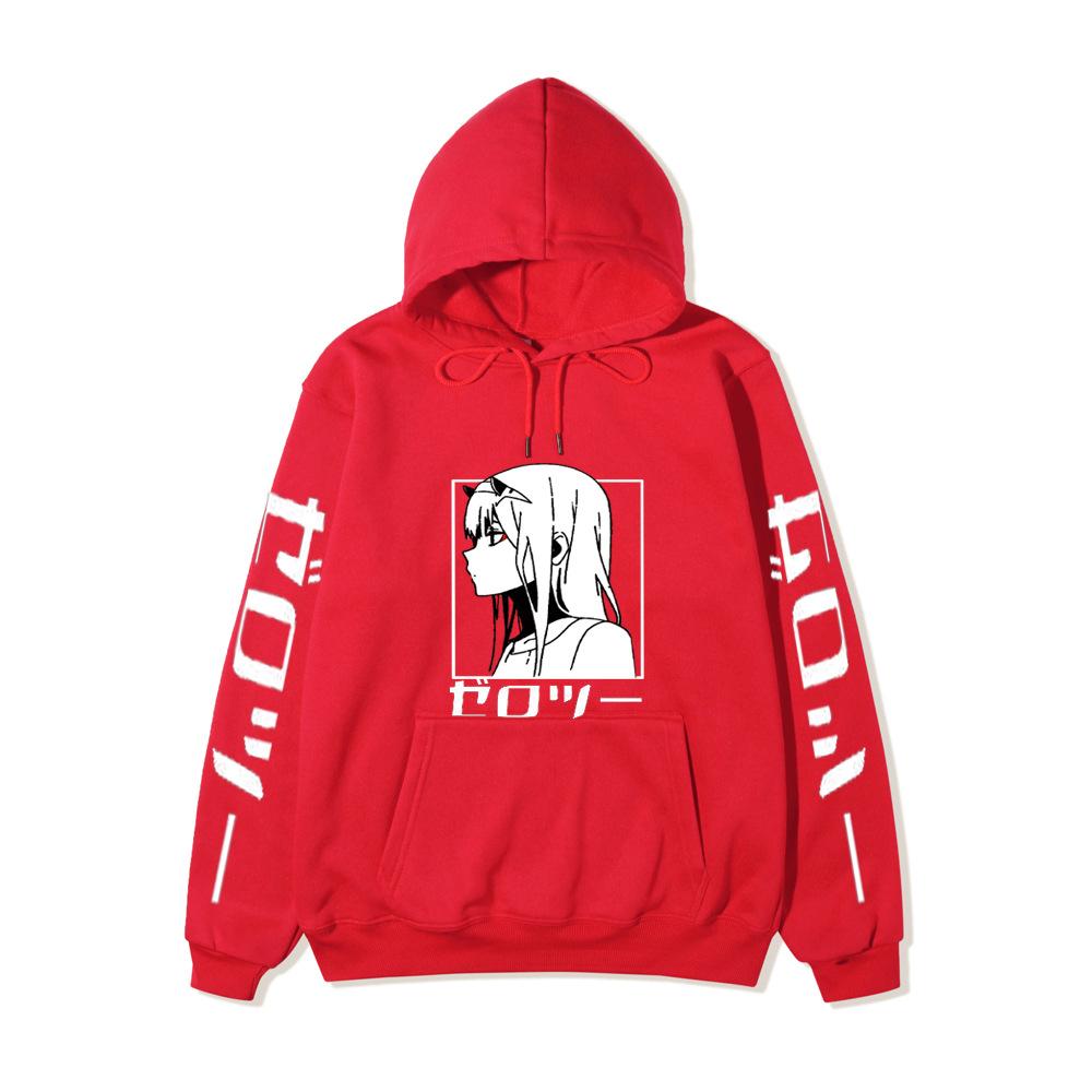 Zero Two Side Profile Anime Hoodie Japanese Letter Print Black Casual Long Sleeve Hooded Sweatshirt Pullover