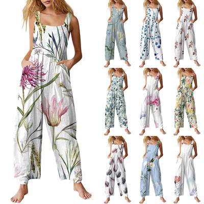 Women's Casual Jumpsuit Sleeveless Floral Print Cotton Jumpsuit