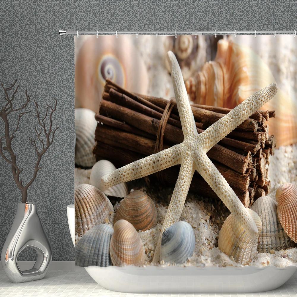 Starfish Shower Curtain Set Starfishs Shells Seascape Ocean Bath Curtains Waterproof Fabric White Blue Bathroom Screen Decor