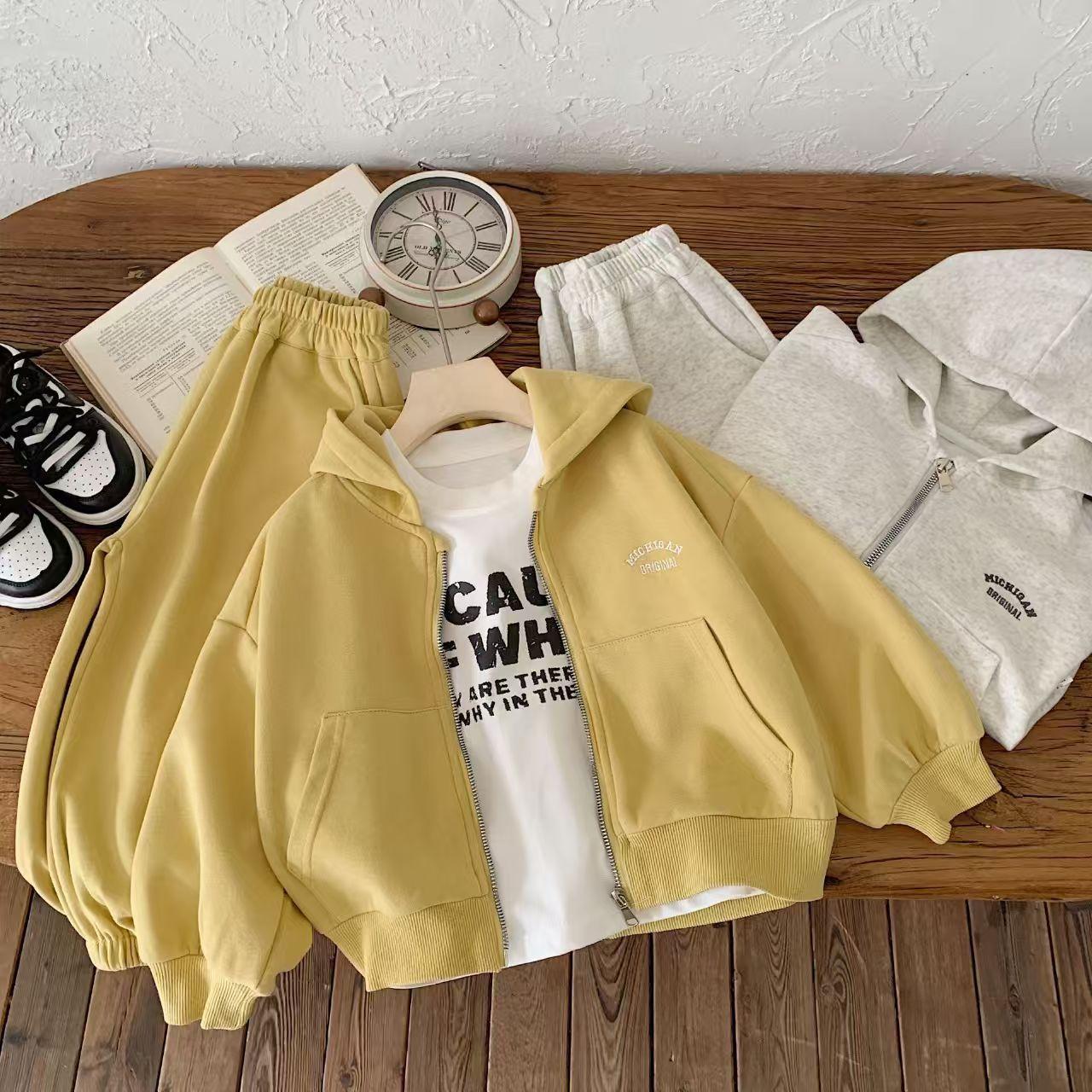 

Детский однотонный набор с алфавитом для весны и осени, детская верхняя одежда малого и среднего размера + брюки, комплект из двух предметов 90 жёлтый