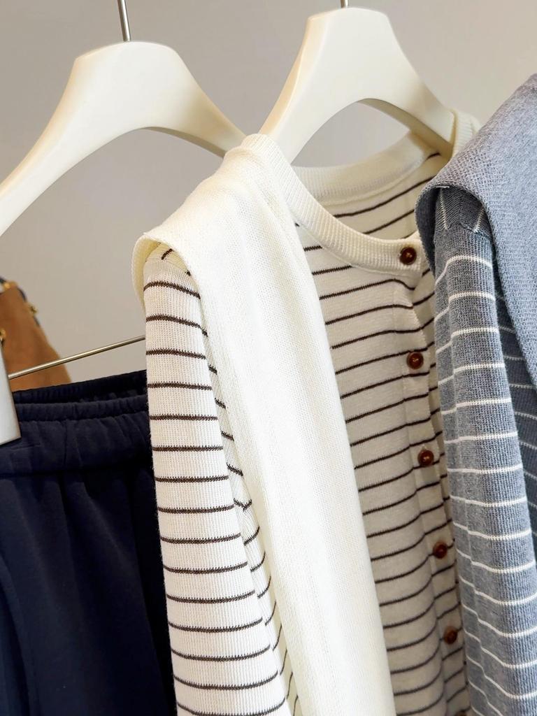 Women's 2025 Spring/Autumn Striped Knitwear Set: Round Neck, Short, Loose-Fit Sweater & Base Shirt.