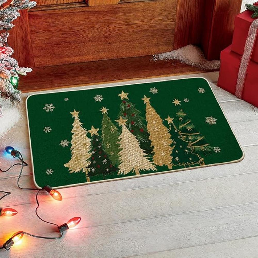 Christmas Carpet Mat Rug Red Background with Green Gold Tree Pattern MERRY CHRISTMAS Text Non-slip Floor Mat for Home Decoration
