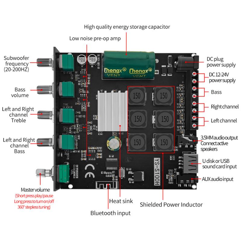 Ys-s100h 2.1kanálový Bluetooth-kompatibilní 5.1 Audio výkonový zesilovač deska subwoofer s vysokým nízkým tónem