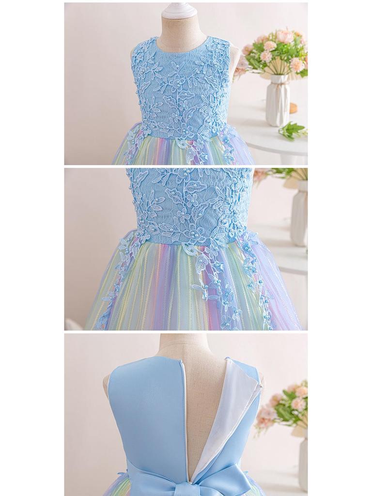 Regnbågsnät Ärmlös Födelsedagsprinsessklänning för Flickor med Pärlor