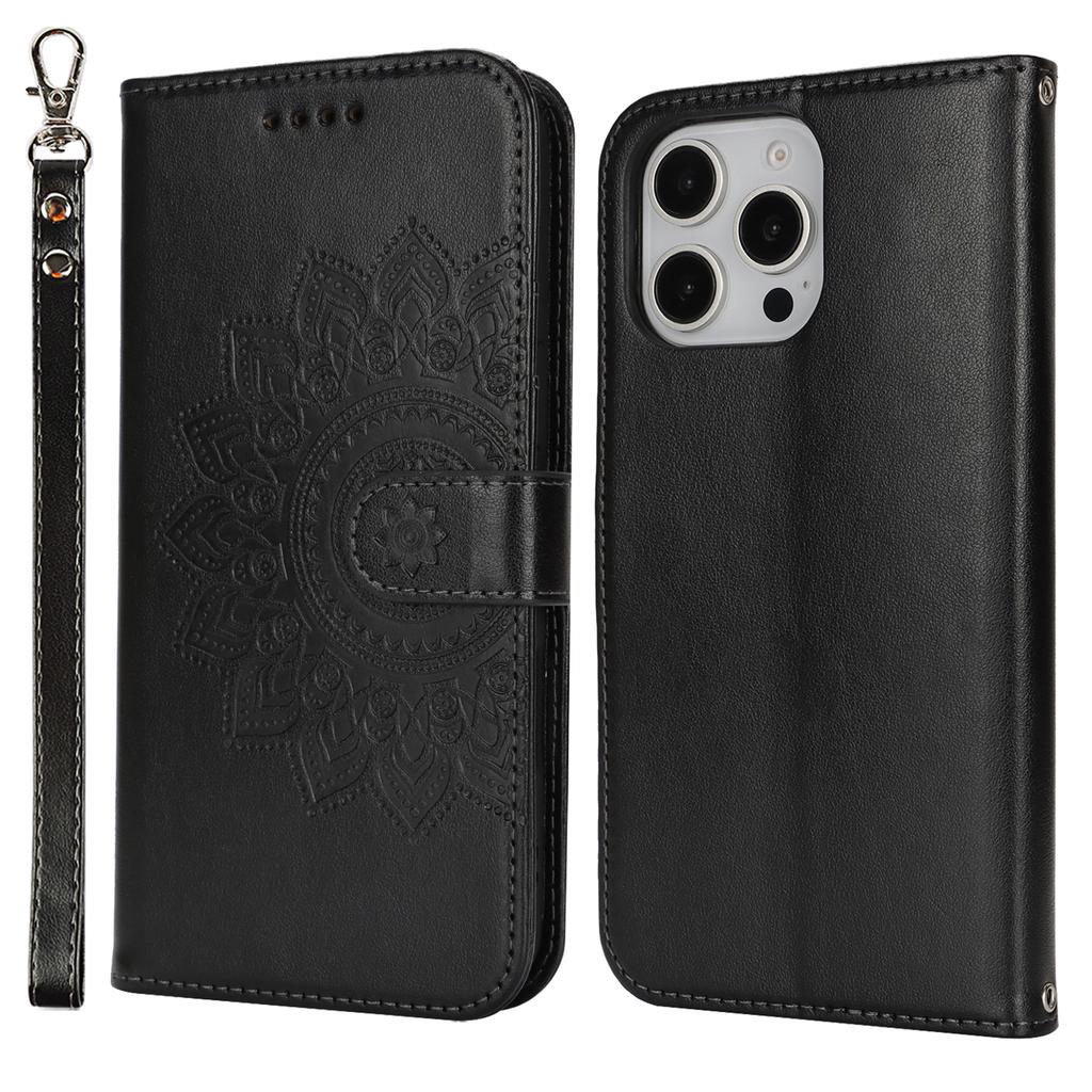For iPhone 16 Pro Stand Case Textured Leather Wallet Phone Cover with Strap