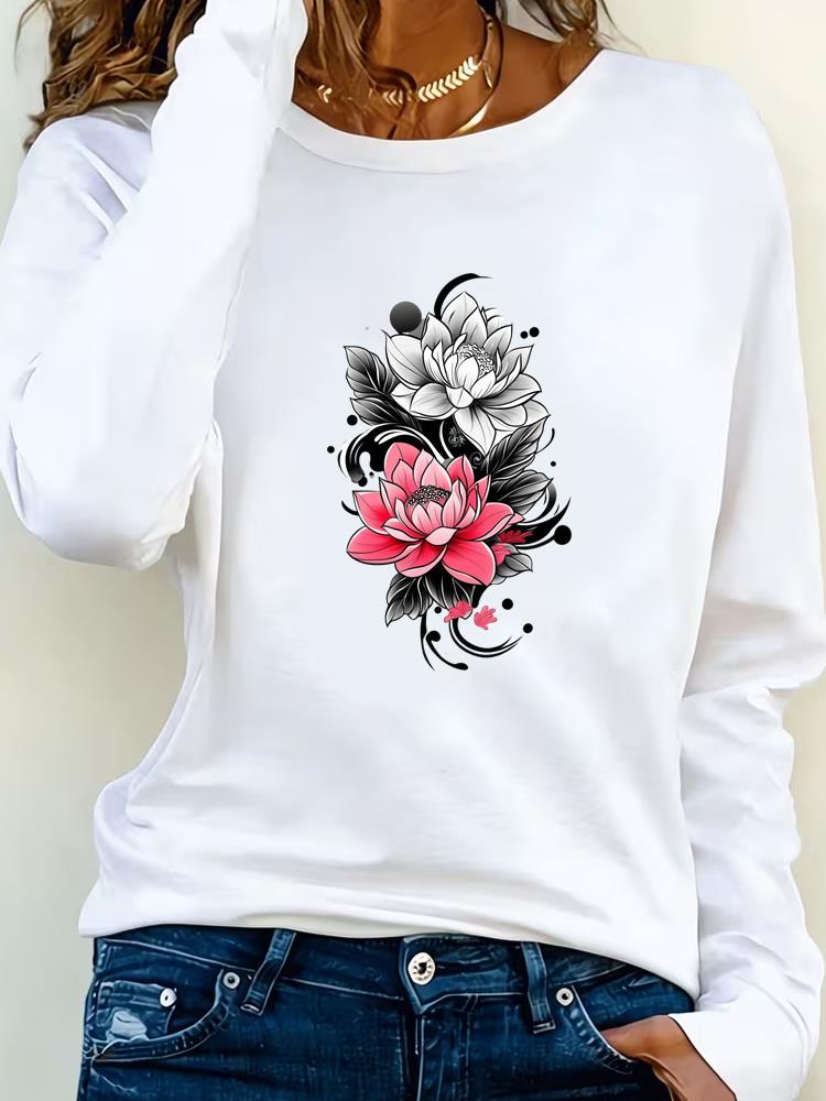(Asian Size) Love Heart Watercolor Trend Tee Lady Printed O-neck Long Sleeve T Shirt Women Female Clothing Casual Fashion Top Graphic T-shirts