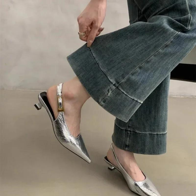 Gold Silver High Heel Pointed Toe Women Slingback Shoes Woman Elegant Summer French Style Back Empty Single Pumps