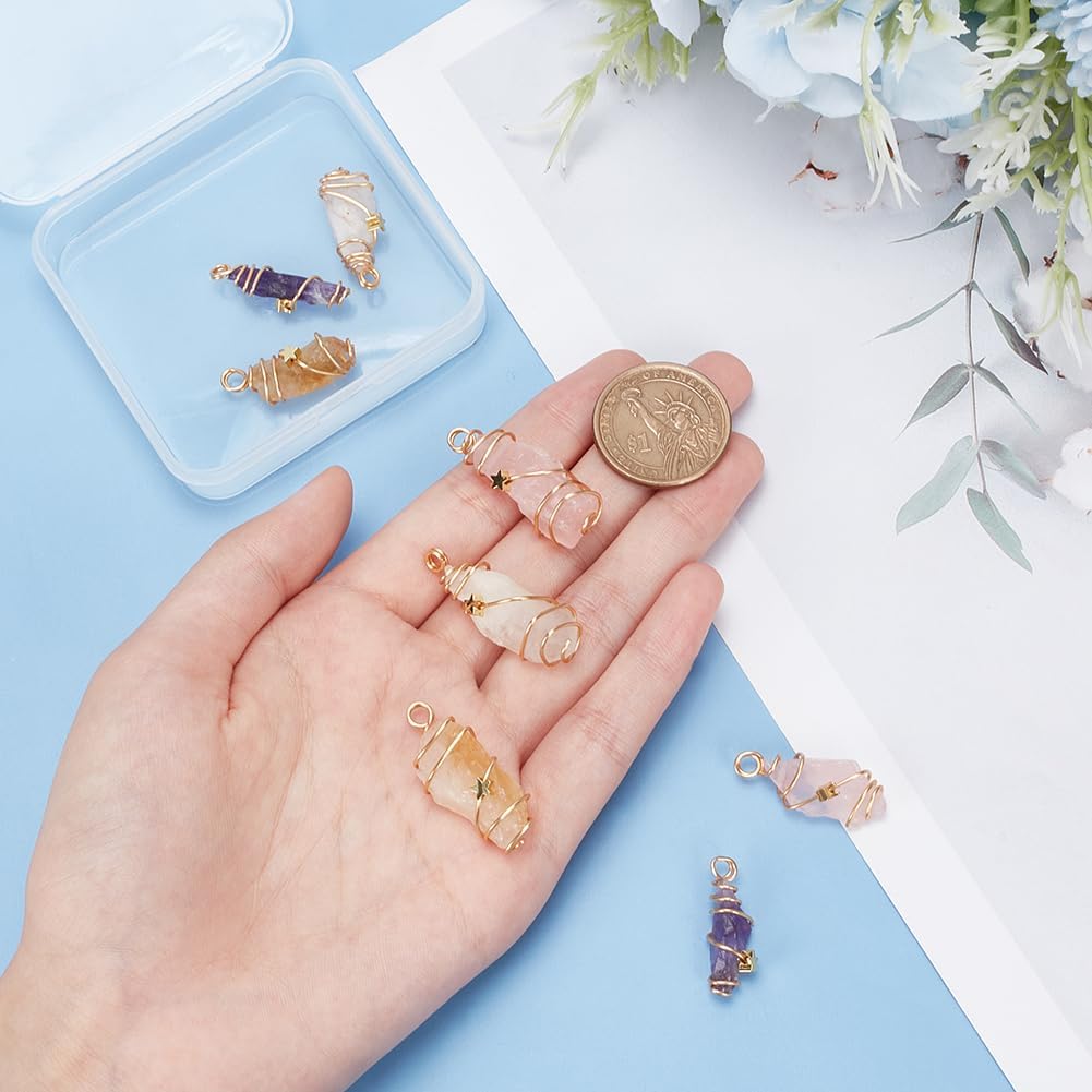 

FINGERINSPIRE 8 шт. 4 стиля Подвески-шармы из натурального кварца и аметиста, обернутые золотистой проволокой, Кристалл, драгоценный камень, Оригинальный, необработанный, неправильной формы, Целительный