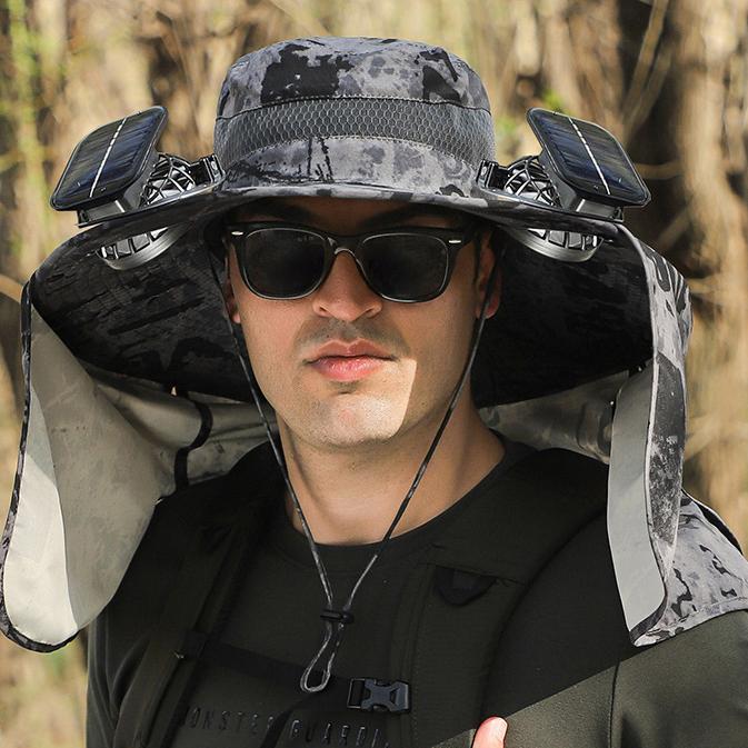 Men's Summer Outdoor Fan Hat, Rechargeable High-Wind Sun Hat Wide Brim UV Protection Hiking Bucket Hat