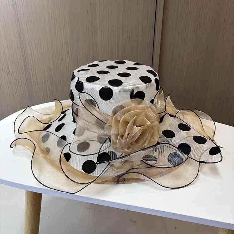 European, American and British temperament big edge top hat women's polka dot flower sun hat summer light and breathable organza sun hat