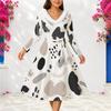 Women Plus Size V Neck Fuzzy Trim Long Sleeve Printed Belted A Line Midi Dress