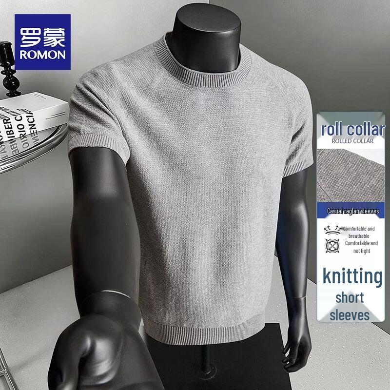 ROMON Men s Round Neck Short Sleeve Knit Pullover L