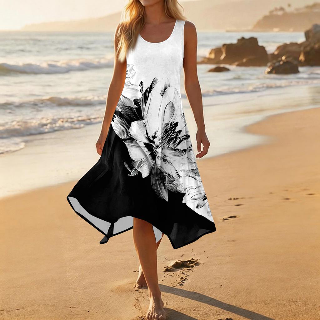 Damen Lässiges Mode-Midikleid mit Rundhalsausschnitt, ärmellos und unregelmäßigem Saum