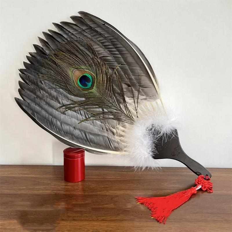 Chinese Vintage Goose Feather Hand Fan Zhuge Liang Style Kong Ming Fan Handmade Craft Fan Stage Performance Fan Baby Cool Fan