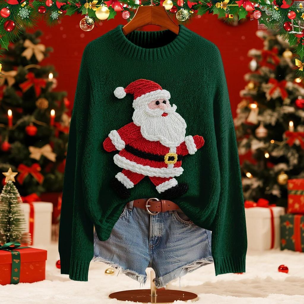 Women's Fashion Christmas Print Pullover Long-Sleeve  Neck Knit Sweater Top