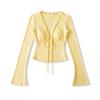 Women's Long Sleeve Lace Trim V-Neck Bell Sleeve Slim Fit Top for Autumn/Winter