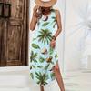 Women Sleeveless Maxi Dress Casual Loose Fit Summer Hawaiian Print Long Dress Side Slit Beachwear Sundress