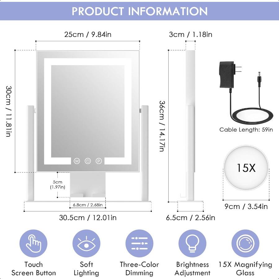 

Makeup Mirror with Lights Vanity Mirror with 3 Lighting Modes Light Up Mirror Touch Sensor USB Powered 360 Rotatable Metal Fram United States