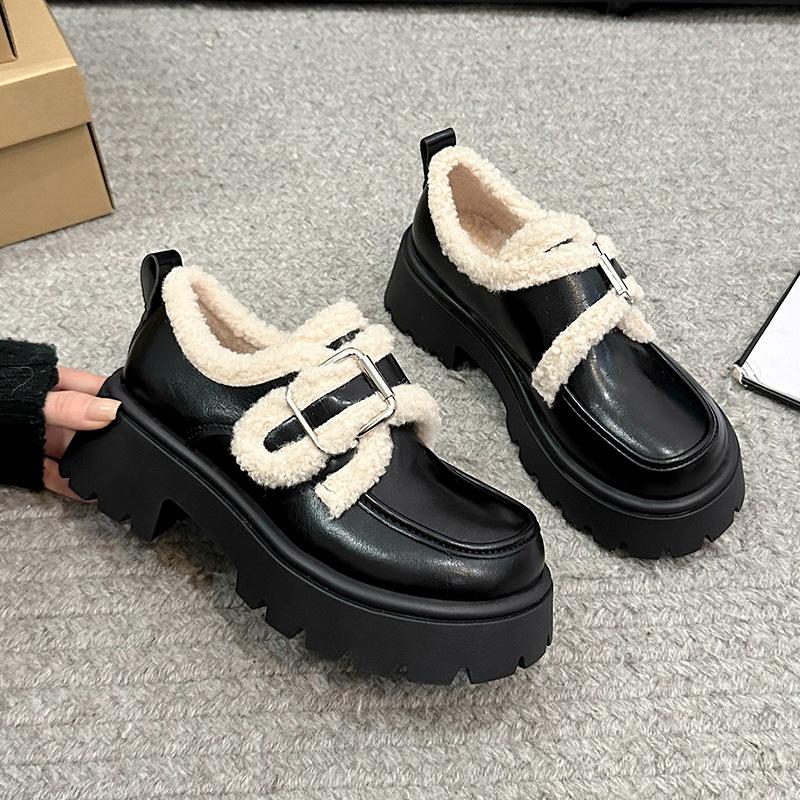 Retro velvet small leather shoes for women's autumn and winter new thick-soled Mary Jane cotton single shoes