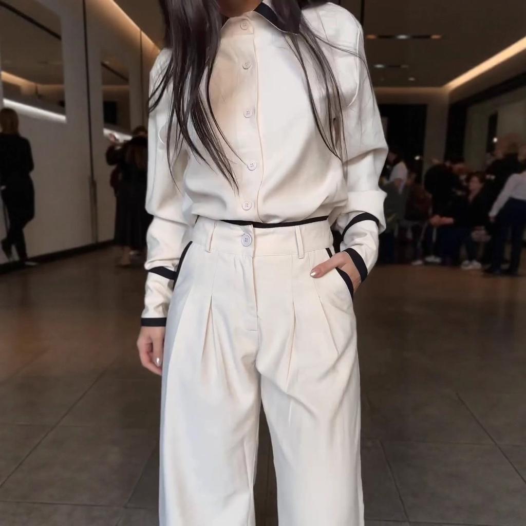 Europe and the United States cross-border 2025 new fashion casual loose long-sleeved temperament shirt collar color matching top pants two-piece set