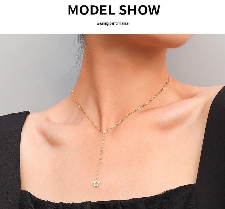 European Geometric Tassel Triangle & Star Necklace for Women - Clavicle Chain in 18K Gold Titanium Steel, Model P951.