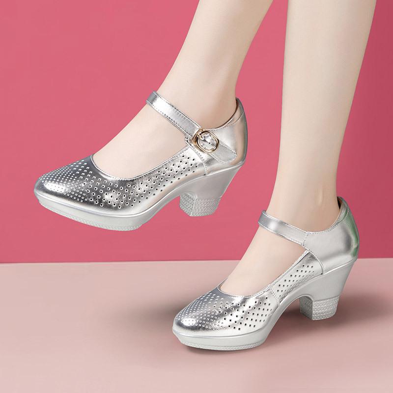 Women Black Genuine Leather Buckle Strap High Quality Shoes Women Dance Shoes Lady Fashion Spring Summer Red Comfort Heel Pumps