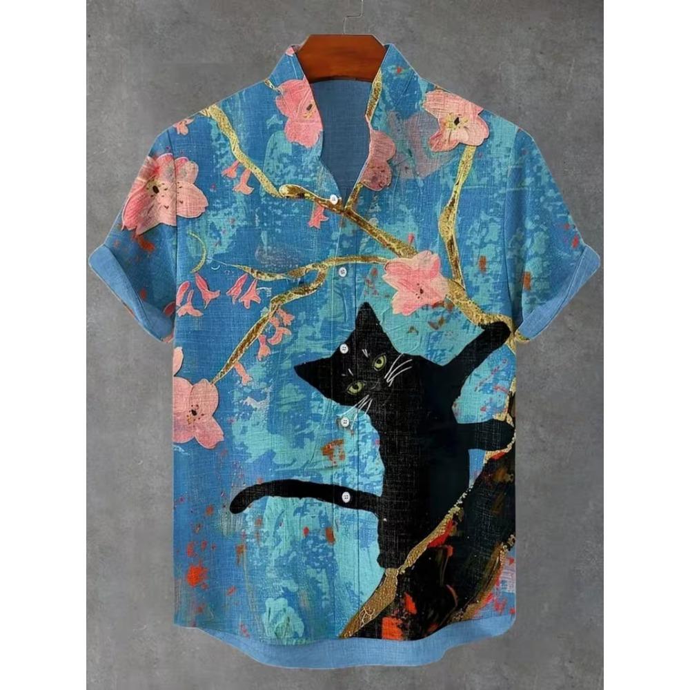 Animal Pattern, Fashion Trend, Street Outdoor, High-Quality And Comfortable Linen Men's Short Sleeved Casual Shirt