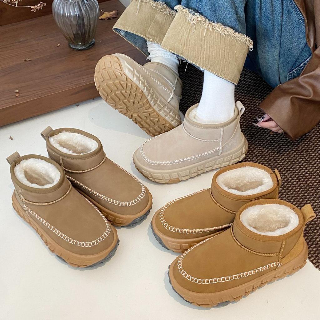 Short snow boots women's tire sole fleece thermal shoes 2025 winter non-slip and wear-resistant cowhide wool sneakers