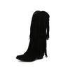Autumn and winter new ebay supply fringed  boots size small square head solid color versatile high heel medium boots