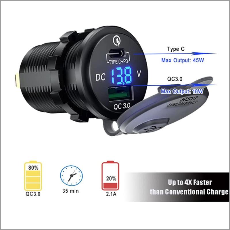 Type C PD QC 3.0 Car USB Socket Panel 12V / 24V Car Charger Built-in Socket Cigarette Lighter Socket for Motorcycle Boat Truck