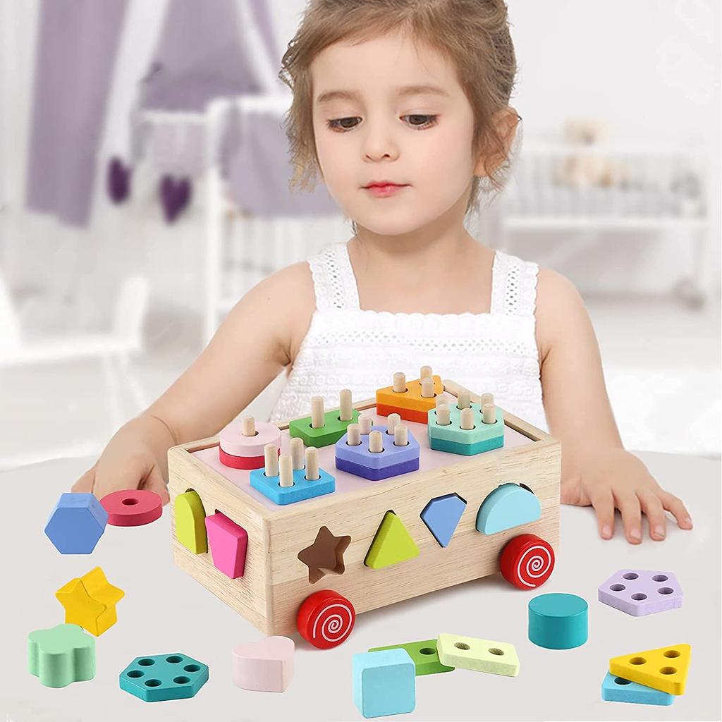 Montessori Toys Children Wooden Shape Classification Learning Building Block Colorful Set Of Columns Puzzle Box Toys